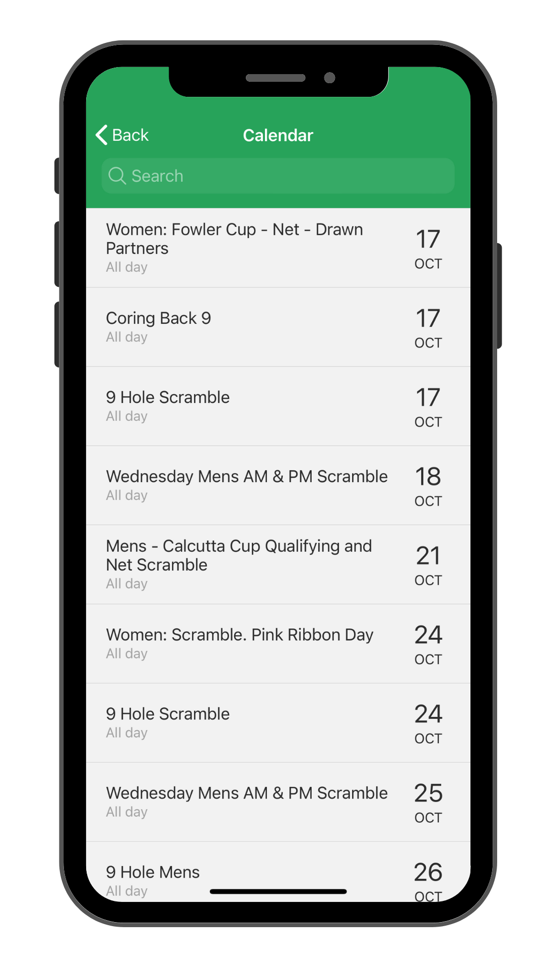 calendar feature on club app on mobile