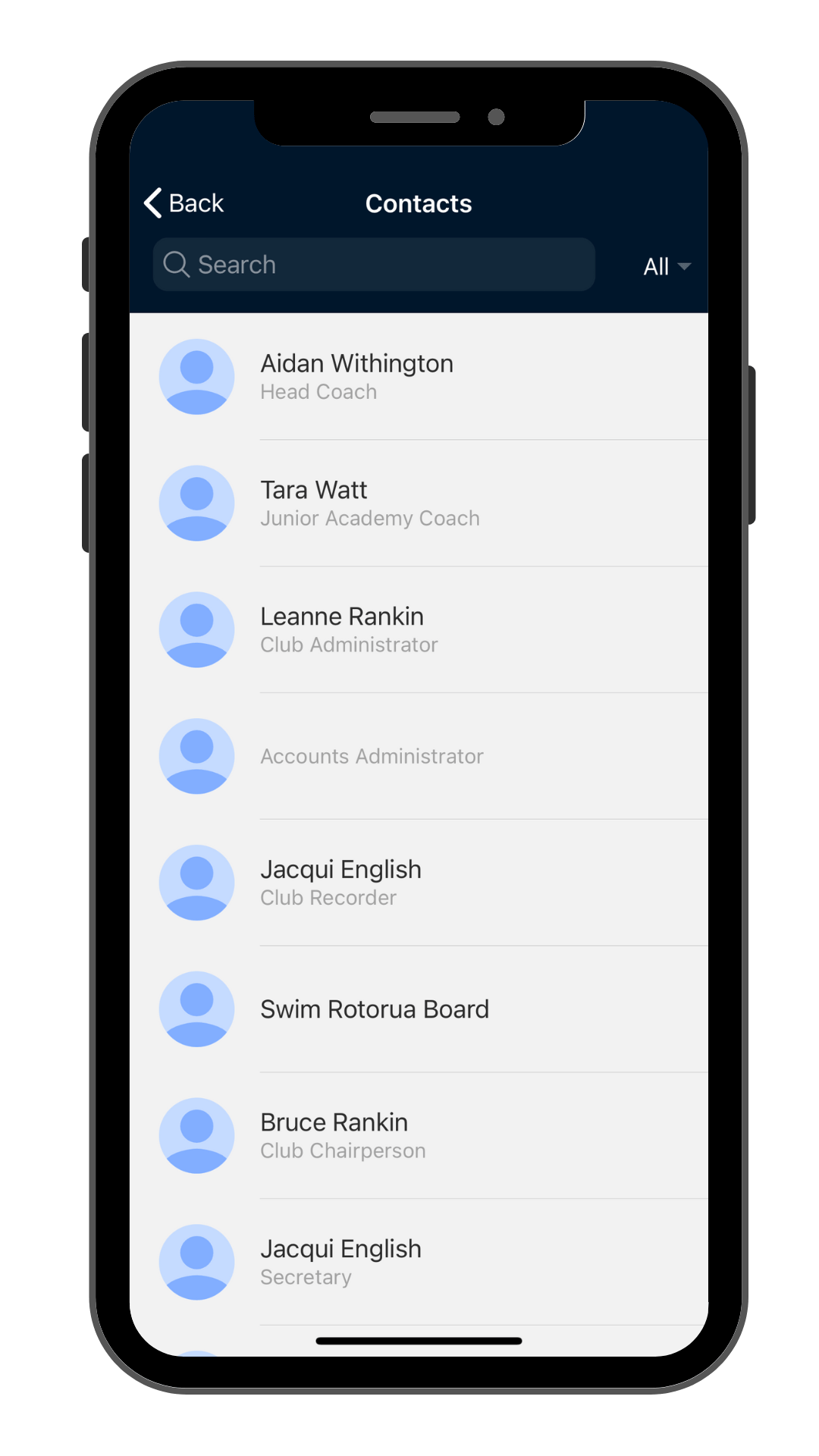 contacts on club app on mobile