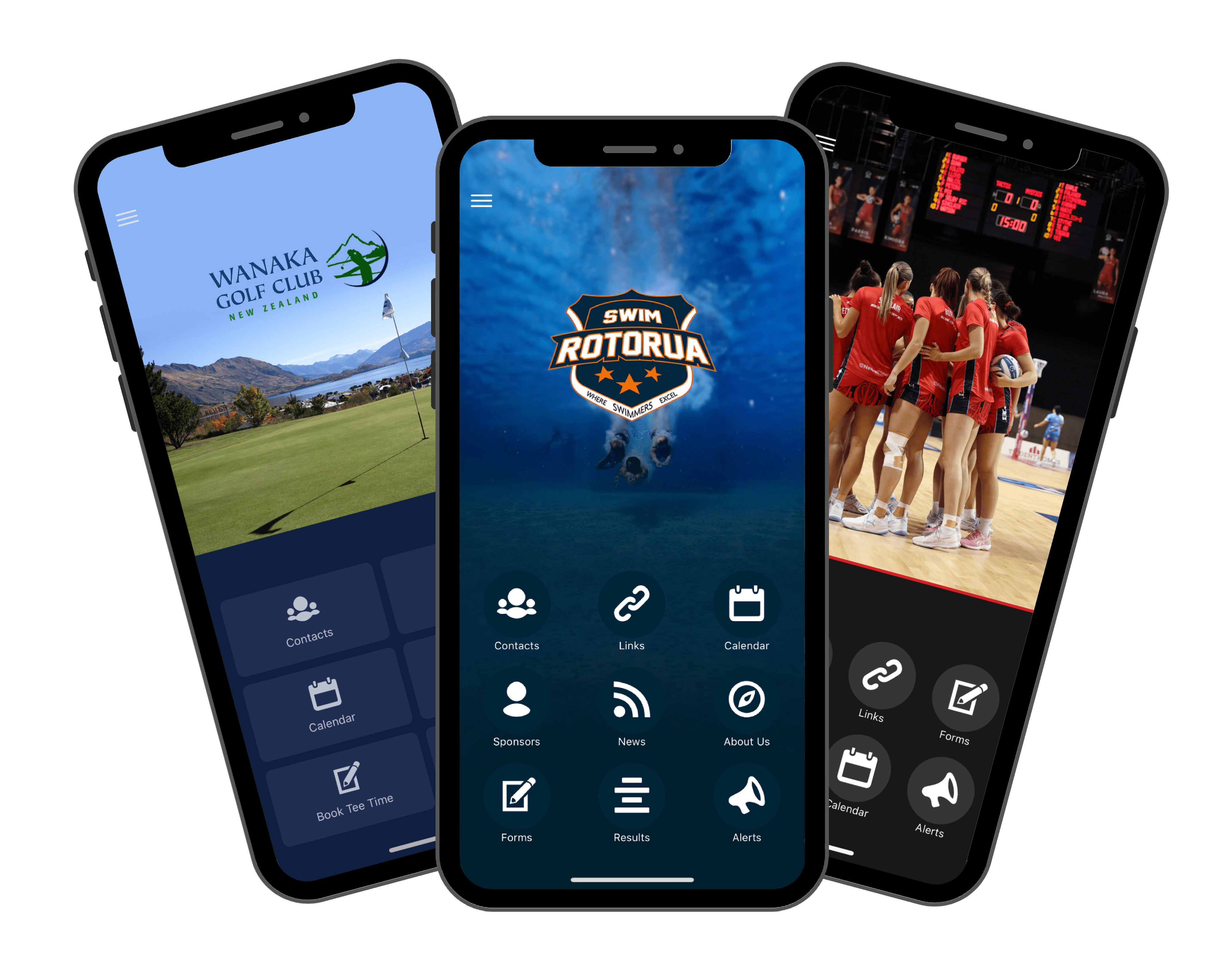 thre mobile phones with club apps communication application